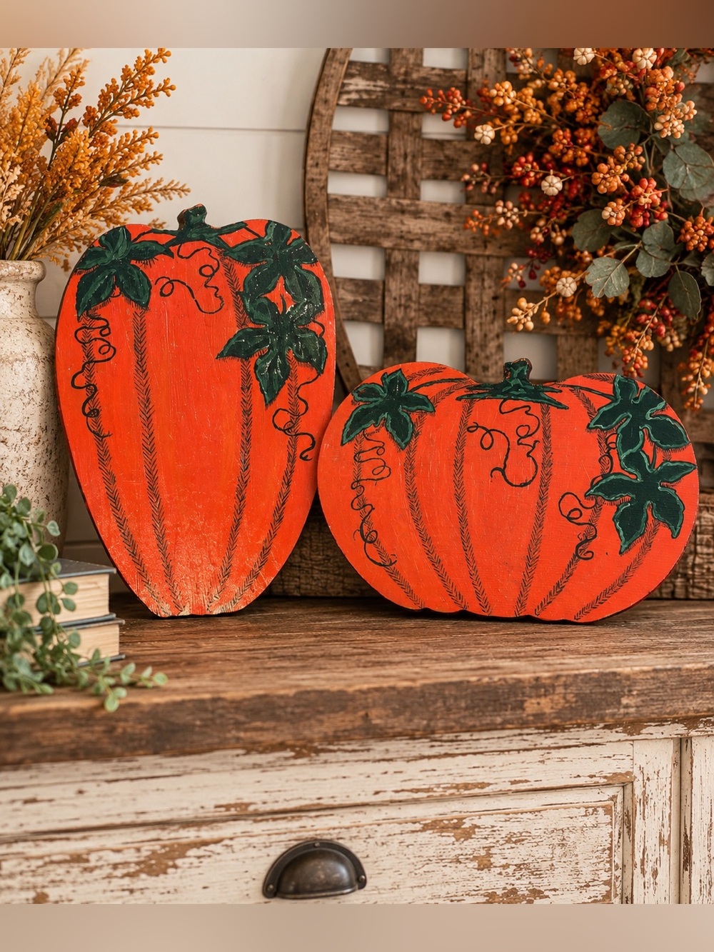 Vintage Style Hand Painted Wooden Pumpkin Wall Decor Set of 2 Rustic Fall